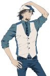  absurdres belt brown_eyes brown_hair cabbie_hat facial_hair flat_color hand_on_hat hand_on_hip hat highres hips kaburagi_t_kotetsu kaneshiki_suisse male necktie short_hair simple_background solo stubble tiger_&amp;_bunny vest waistcoat white_background 