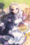  artist_request banana basket blue_eyes bread breasts brown_hair cup food frills fruit long_hair lowres maid maid_headdress picnic ribbon sitting solo sword_girls 