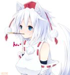  animal_ears bare_shoulders blue_eyes blush breasts detached_sleeves ginzake_(mizuumi) hat inubashiri_momiji large_breasts mouth_hold pocky shake_(sakana) short_hair silver_hair solo tail tokin_hat touhou white_hair wolf_ears wolf_tail 