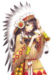  bangs bodypaint bracelet brown_hair feathers flower fringe green_eyes headdress jewelry long_hair nardack native_american native_american_headdress open_mouth original pipe ring simple_background skirt solo squaw warbonnet white_background 