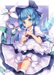 alternate_costume bloomers blue_eyes blue_hair blush bow cirno dress flower hair_bow highres mikan_(bananoha) ribbon short_hair solo touhou wings 