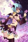  aqua_hair arched_back bat_wings belt bow choker detached_sleeves flower head_wings lowres markings mask moon point pointing red_eyes ribbon short_hair skirt solo ssol sword_girls thigh-highs thighhighs wings wink 