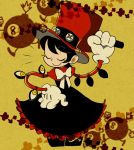  alternate_color black_dress black_hair bomb bow capelet closed_eyes dress eyes eyes_closed george_the_bomb gloves hammer hand_on_hip hat mechanical_arms peacock_(skullgirls) ribbon short_hair skullgirls smile solo standing top_hat walking weapon yellow_background yojio_(2188) 