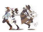  boots brown_hair closed_eyes denim denim_shorts eyes_closed hand_on_shoulder hat jacket kudari_(pokemon) laughing no_eyes nobori_(pokemon) open_mouth peaked_cap pokemon pokemon_(game) pokemon_black_and_white pokemon_bw running sei_(shinkai_parallel) shorts siblings silver_hair simple_background touko_(pokemon) touya_(pokemon) twins uniform vest 