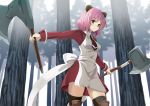  animal_ears axe bear_ears black_legwear blue_door dual_wielding forest long_sleeves nature necktie original pink_hair red_eyes short_hair solo thigh-highs thighhighs tree weapon 