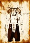  bandage bandages character_name faux_traditional_media goggles hat headphones highres long_nose looking_at_viewer male monochrome muscle one_piece sagatsune sepia smile solo standing suspenders usopp 