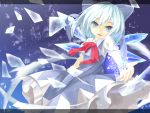  bad_id blue_eyes bow cirno dress hair_bow ice looking_at_viewer short_hair slip_skirt snowflakes solo touhou wakame_mi wings 