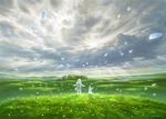  1girl bunny cloud dress grass highres nature original petals scenery shirakaba_toshiharu short_hair silver_hair sky sunlight 