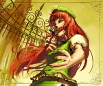  beret blue_eyes braid fingernails floating_hair foreshortening frame from_below gate hand_on_own_chest hand_to_chest hands hat higashiyama_hayato hong_meiling long_hair red_hair redhead short_sleeves slit_pupils solo star touhou twin_braids 