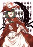  alternate_costume alternate_headwear breasts cleavage dress gown green_eyes green_hair hair_ribbon hat hat_feather hat_ribbon kagiyama_hina multicolored_dress open_mouth red_dress ribbon rococo smile solo touhou urita_(vivivinicol) victorian white_dress 
