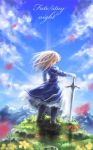  bad_id blonde_hair boots closed_eyes dress excalibur eyes_closed fate/stay_night fate/zero fate_(series) hair_down long_hair miyai_haruki mountain moutains petals ponytail saber scenery solo sword weapon 