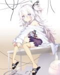  ahoge bare_shoulders bloomers cable electric_plug flip-flops frills glasses grey_eyes highres juke long_hair midriff one_side_up original plug sandals side_ponytail silver_eyes silver_hair sitting sitting_on_object solo table thigh-highs thighhighs wire 