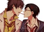 alternate_costume alvin_(tales_of_xillia) bespectacled black_hair brown_hair character_name glasses hair_ornament hairclip izumi_(nagashi) jude_mathis male mouth_hold multiple_boys necktie pocky pocky_kiss shared_food sweat tales_of_(series) tales_of_xillia title_drop white_background 