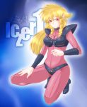  armor blonde_hair bodysuit drill_hair highres iczer-1 iczer_(series) minato_(leap-up) pointy_ears red_eyes solo squatting tatakae!!_iczer-1 text 