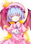  ^_^ absurdres arms_behind_back bat_wings blue_hair blush closed_eyes eyes_closed hat highres mirimo remilia_scarlet smile solo thank_you touhou wings 