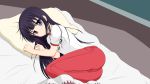  bed blue_eyes blush gym_uniform highres long_hair looking_at_viewer lying on_bed on_side pillow purple_hair smile solo sweatpants tom-ani working!! yamada_aoi 