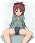  bow denim denim_shorts hair_bow long_hair mahou_shoujo_madoka_magica mouth_hold navel pocky red_eyes red_hair redhead sakura_kyouko shorts spread_legs 