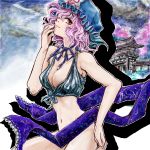  bottomless bra breasts cleavage ghost hat lingerie nanashii_(soregasisan) no_panties pink_hair red_eyes saigyouji_yuyuko short_hair smile solo touhou triangular_headpiece underwear 