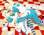  al_(arupaka) alice_(wonderland) alice_in_wonderland apron aqua_dress aqua_eyes aqua_nails blonde_hair blood-stained_knife bloody_knife blue_dress blue_eyes book card cards checkered checkered_floor cup dress frills gathers girl_on_top hairband knife long_hair lying lying_card multiple_girls on_back on_floor open_book pantyhose playing_card pocket_watch short_hair slip_skirt striped striped_legwear teacup vertical-striped_legwear vertical_stripes watch weapon 