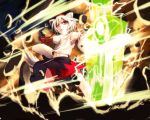  animal_ears bad_id bare_shoulders battle detached_sleeves hat highres inubashiri_momiji red_eyes rock short_hair silver_hair solo sword tail tokin_hat touhou weapon wolf_ears wolf_tail yamaguchi_yoshimi 