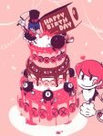  :p :q avery_(skullgirls) bird birthday blush_stickers bomb cake casual confetti eyes fighting food fork george_the_bomb gloves hammer happy_birthday heart mechanical_arms monochrome no_hat no_headwear pale_skin peacock_(skullgirls) pink pink_background red_hair simple_background skullgirls smile spot_color t-shirt tongue yojio_(2188) 