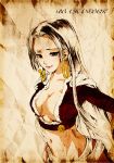  boa_hancock breasts cape character_name cleavage crop_top earrings faux_traditional_media highres jewelry lips long_hair looking_at_viewer midriff monochrome navel one_piece sagatsune sepia smile solo spot_color 