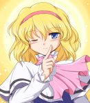  alice_margatroid blonde_hair blue_eyes bust capelet flx hairband short_hair smile solo touhou wink 