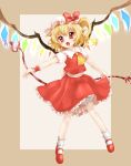 ascot bad_id blonde_hair fang flandre_scarlet footwear hat laevatein open_mouth red_eyes shoes short_hair side_ponytail skirt smile socks solo the_embodiment_of_scarlet_devil touhou wings yupachi 