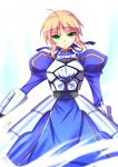  ahoge armor armored_dress blonde_hair dress fate/stay_night fate_(series) faulds gauntlets green_eyes hair_ribbon highres juliet_sleeves ka2 long_sleeves puffy_shoulders_long_sleeves puffy_sleeves ribbon saber solo 