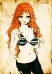  bikini_top breasts character_name cleavage faux_traditional_media highres lips long_hair looking_at_viewer midriff monochrome nami navel one_piece orange_hair sagatsune sepia smile solo spot_color 