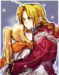  1girl ahoge blonde_hair blue_eyes blush braid coat couple earrings edward_elric fullmetal_alchemist gloves heart height_difference hug jewelry long_hair ponytail scarf snowflakes tsukuda0310 white_gloves winry_rockbell winter winter_clothes yellow_eyes 