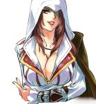  assassin&#039;s_creed assassin&#039;s_creed_ii assassin's_creed assassin's_creed_ii breasts cape cleavage ezio_auditore_da_firenze forest_penguin genderswap hair_over_one_eye hood huge_breasts jewelry long_hair nail_polish necklace red_hair redhead scar simple_background smile tatsuri_(forest_penguin) vambraces white_background 