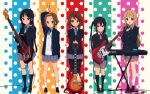  akiyama_mio bass_guitar black_hair blonde_hair brown_eyes brown_hair drumsticks fender grey_eyes guitar highres hirasawa_yui horiguchi_yukiko instrument k-on! keyboard_(instrument) kotobuki_tsumugi les_paul lineup multiple_girls nakano_azusa official_art pantyhose polka_dot polka_dot_background school_uniform smile standing tainaka_ritsu yellow_eyes 