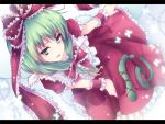  :o bow butterfly frills from_above green_eyes green_hair hair_bow kagiyama_hina letterboxed light_particles light_smile long_hair mokoppe open_mouth skirt_hold solo touhou 