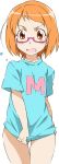 1girl angry aqua_t-shirt blush bottomless brown_hair character_request face glasses no_pants orange_hair precure shirabe_ako shirt_tug short_hair simple_background solo suite_precure t-shirt umanosuke white_background