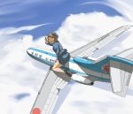  all_nippon_airways boeing_727 chanpii cloud flying giantess gloves hat high_heels highres hirarin0110 riding salute shoes skirt sky smile stewardess uniform 