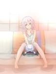  barefoot blush dress guilty_crown hair_ornament hairclip hope_yakisoba long_hair off_shoulder panties pantyshot pantyshot_(sitting) pantyshot_sitting pink_hair robot sitting smile solo underwear yuzuriha_inori 