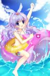  bikini blue_eyes blue_hair bow circlet clarice clarice_altheim flat_chest frills hair_ornament holster lowres outstretched_arm purple_hair ratise sky solo swimsuit sword_girls water young 