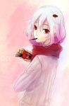  cookie_ex eating food guilty_crown hair_ornament hairclip long_hair pink_hair pocky red_eyes scarf solo sweater yuzuriha_inori 