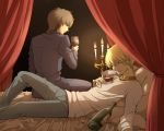  blonde_hair bottle bracelet brown_eyes brown_hair candle casual cross cup fate/stay_night fate/zero fate_(series) from_behind gilgamesh highres jewelry kotomine_kirei kudou_akira male multiple_boys necklace niwatorisann red_eyes wine wine_glass 