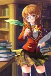  blazer blunt_bangs book bow braid brown_hair clipboard feathers glasses library long_hair lowres plaid plaid_skirt pleated_skirt quill school_uniform skirt solo sword_girls thigh-highs thighhighs twin_braids yellow_eyes 