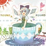  bad_id blue_eyes blue_hair bow cirno cup daiyousei hair_bow heart highres ice ice_wings open_mouth ringetsumon solo straw sun teacup touhou wings 