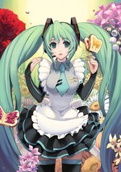  1girl adapted_costume alice_in_wonderland alternate_costume aqua_hair bread bridal_gauntlets butter enmaided flower food frills gathers hatsune_miku highres jam lips long_hair maid nail_polish necktie ruffles solo thigh-highs thighhighs twintails vocaloid zettai_ryouiki 