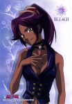  absurdres bleach breasts choker cleavage dark_skin hair_ribbon highres long_hair midriff nail_polish official_art ponytail purple_hair ribbon scan shihouin_yoruichi smile yellow_eyes 