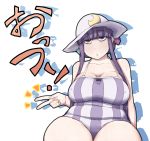  breasts cleavage crescent_moon gogyoo_hiroshi huge_breasts moon one-piece_swimsuit patchouli_knowledge plump purple_eyes purple_hair ribbon solo sweat swimsuit touhou v violet_eyes 