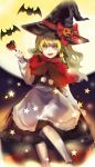  bad_id bat blonde_hair bow braid dress fang full_moon halloween hat hat_bow jack-o&#039;-lantern jack-o'-lantern kirisame_marisa long_hair moon rifsom single_braid solo touhou witch witch_hat yellow_eyes 