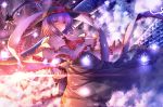  ascot cloud dragon eastern_dragon energy_ball hat hat_ribbon long_skirt nagae_iku outstretched_arms purple_hair red_eyes ribbon ryosios shaded_face shadow_over_eyes shirt short_hair skirt sky smile solo star_(sky) touhou 