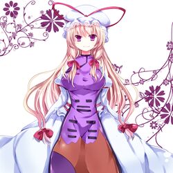  blonde_hair bow dress hair_bow hat long_hair purple_eyes ribbon smile solo tikuwakure touhou uiroutsuji_yumihiko violet_eyes yakumo_yukari 