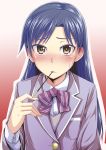  blazer blue_hair blush bow brown_eyes dan_(orange_train) idolmaster kisaragi_chihaya long_hair pocky school_uniform school_unifrom solo 