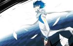  blue_eyes blue_hair jacket kaito looking_at_viewer male paper scarf short_hair solo vocaloid wind 